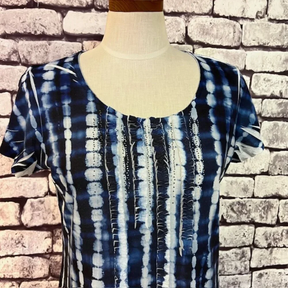 Chico's Blue & White Short Sleeve Blouse Size M